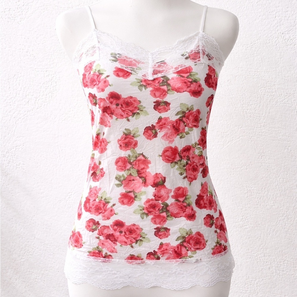 Vintage Rose Lace Trim Camisole Y2K Sheer Floral Fairycore Top S